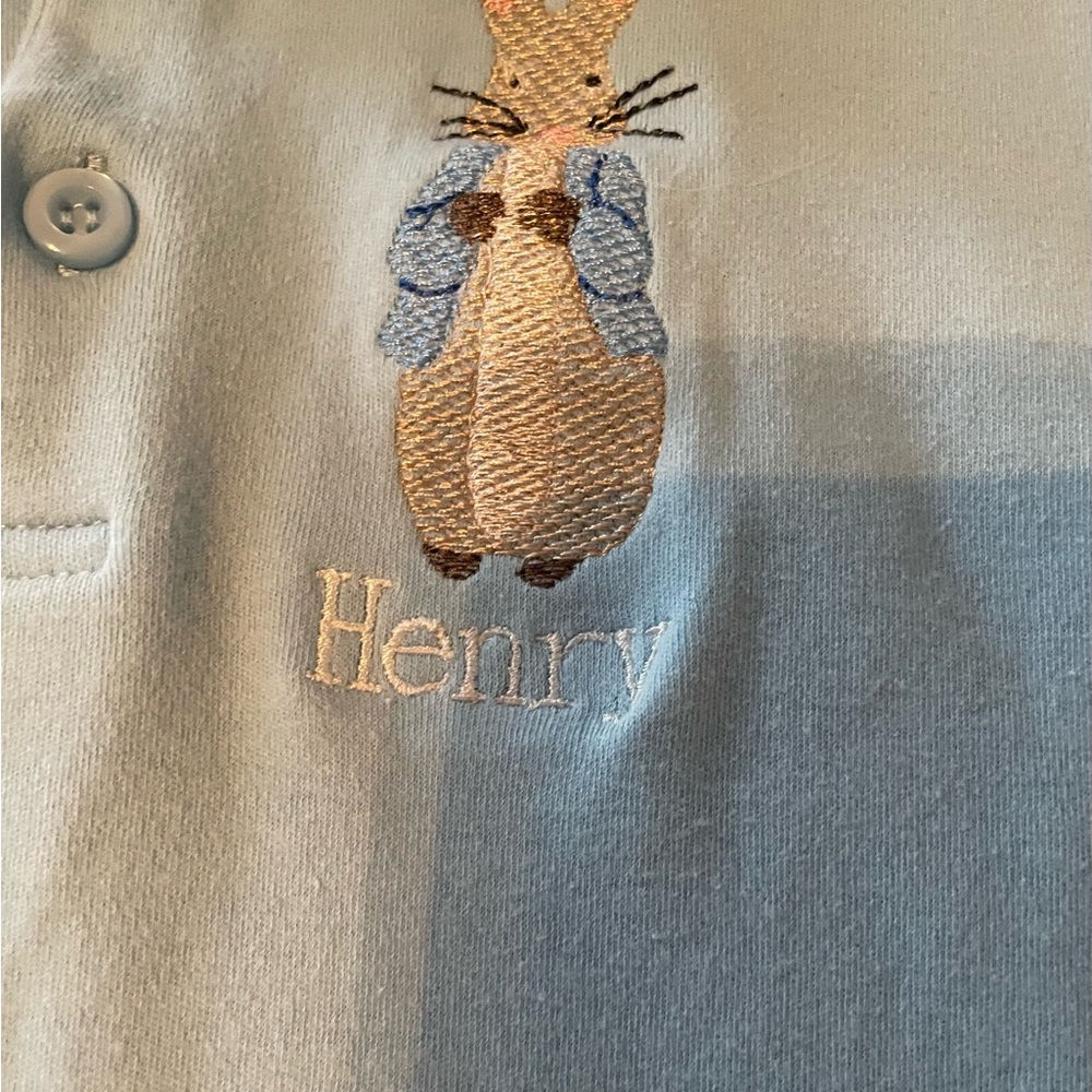 Kids Blue Polo Shirt with Embroidered Rabbit. Henry Embroidery